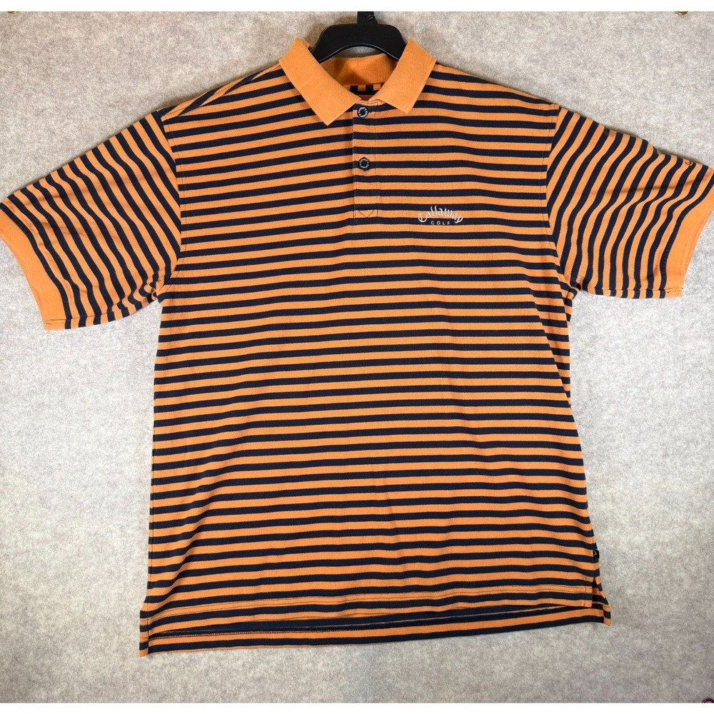 Callaway Golf Polo Shirt Medium Orange Navy Blue Striped Cotton Sport Mens
